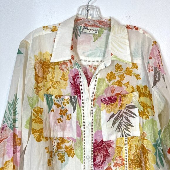 White Floral Shirt Top Long Sleeve Button Down Beach Boho Resort XL - Picture 3 of 9
